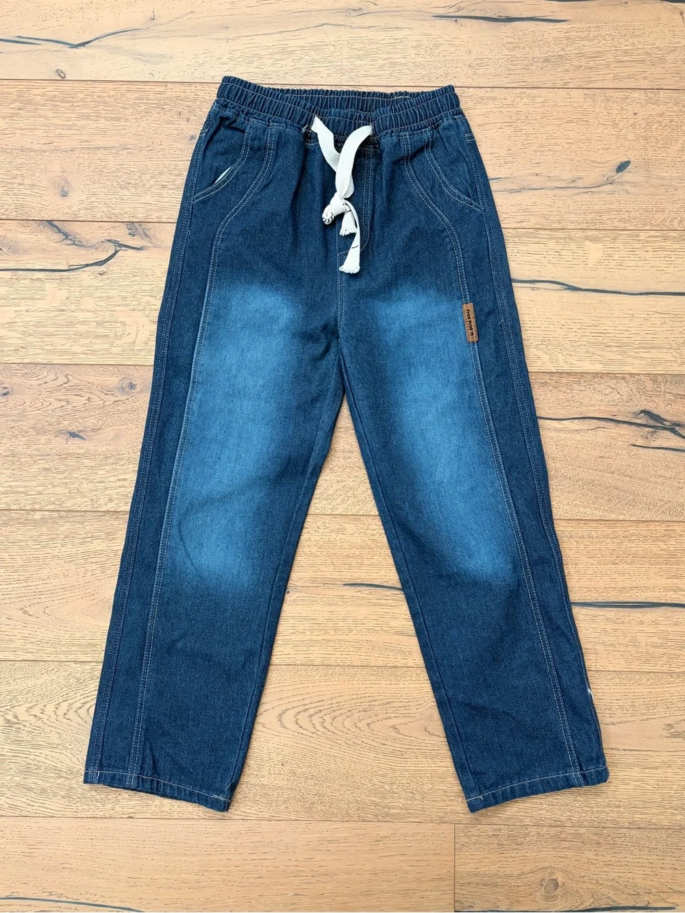 Kids Dark Blue Denim Jogger Pants with Drawstring